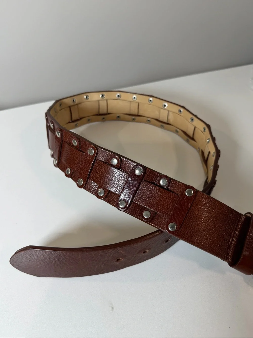 Saks Fifth Avenue Medium Woven Knit Brown Studded Genuine Italian Leather Belt